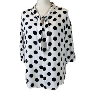 La Babite Tie Sailor Neck Blouse White with Black Polka Dot Pintuck Sleeve Large